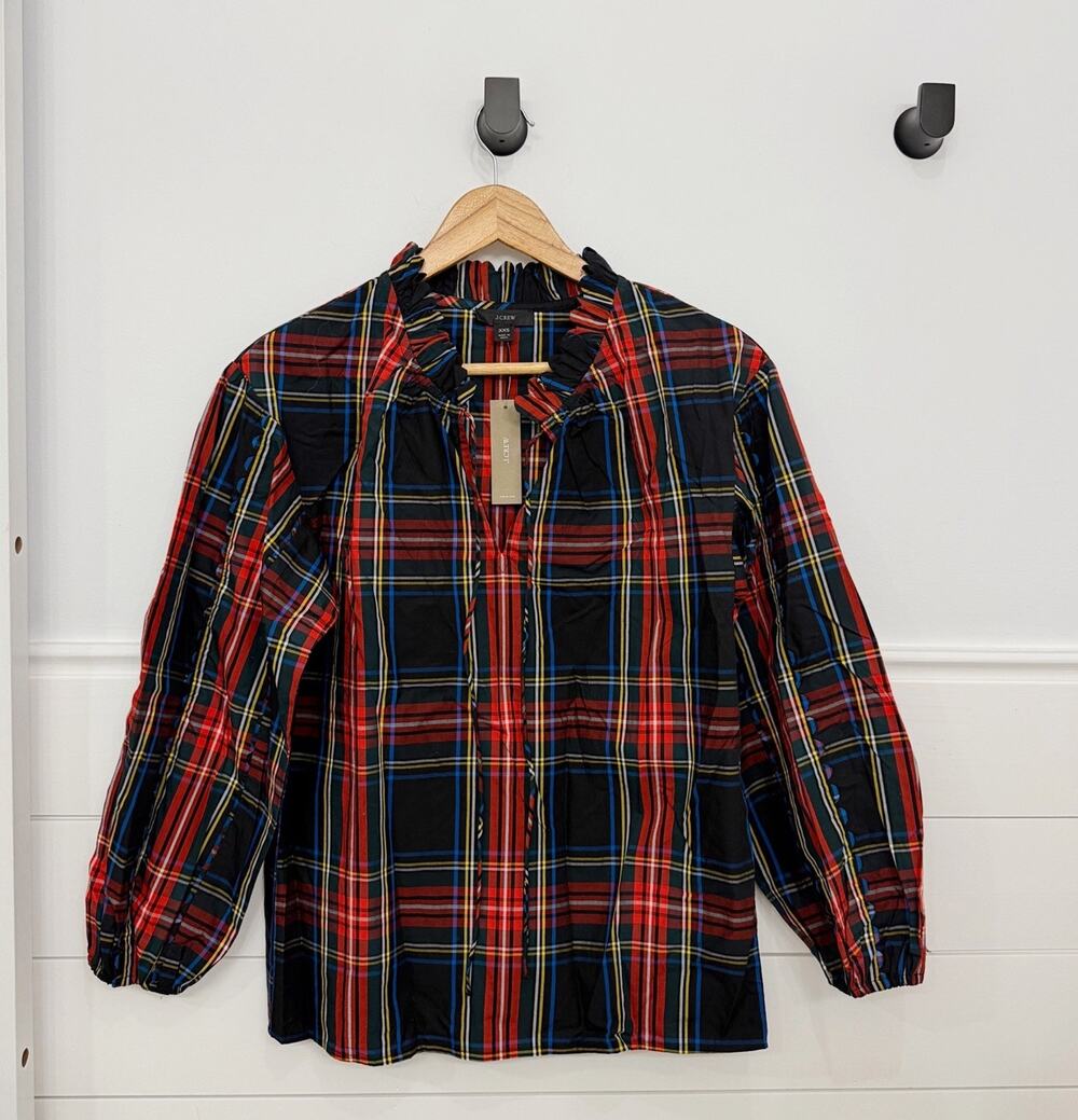 NWT! Women’s J. Crew Scalloped Tie Neck Top In Stewart Tartan Size XXS
